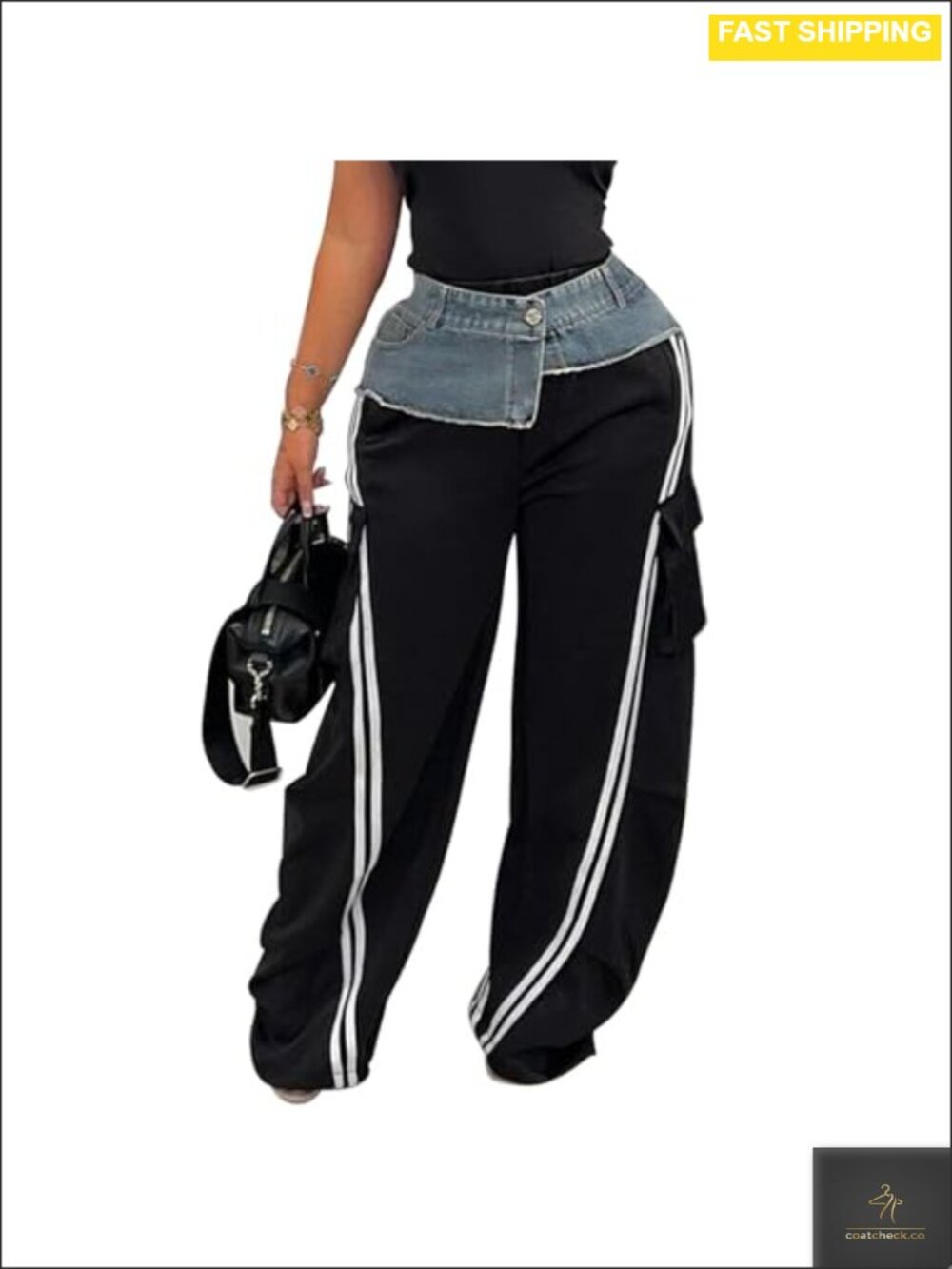 Women's Y2K Wide Leg Cargo Pants Denim Waistband Side Stripes